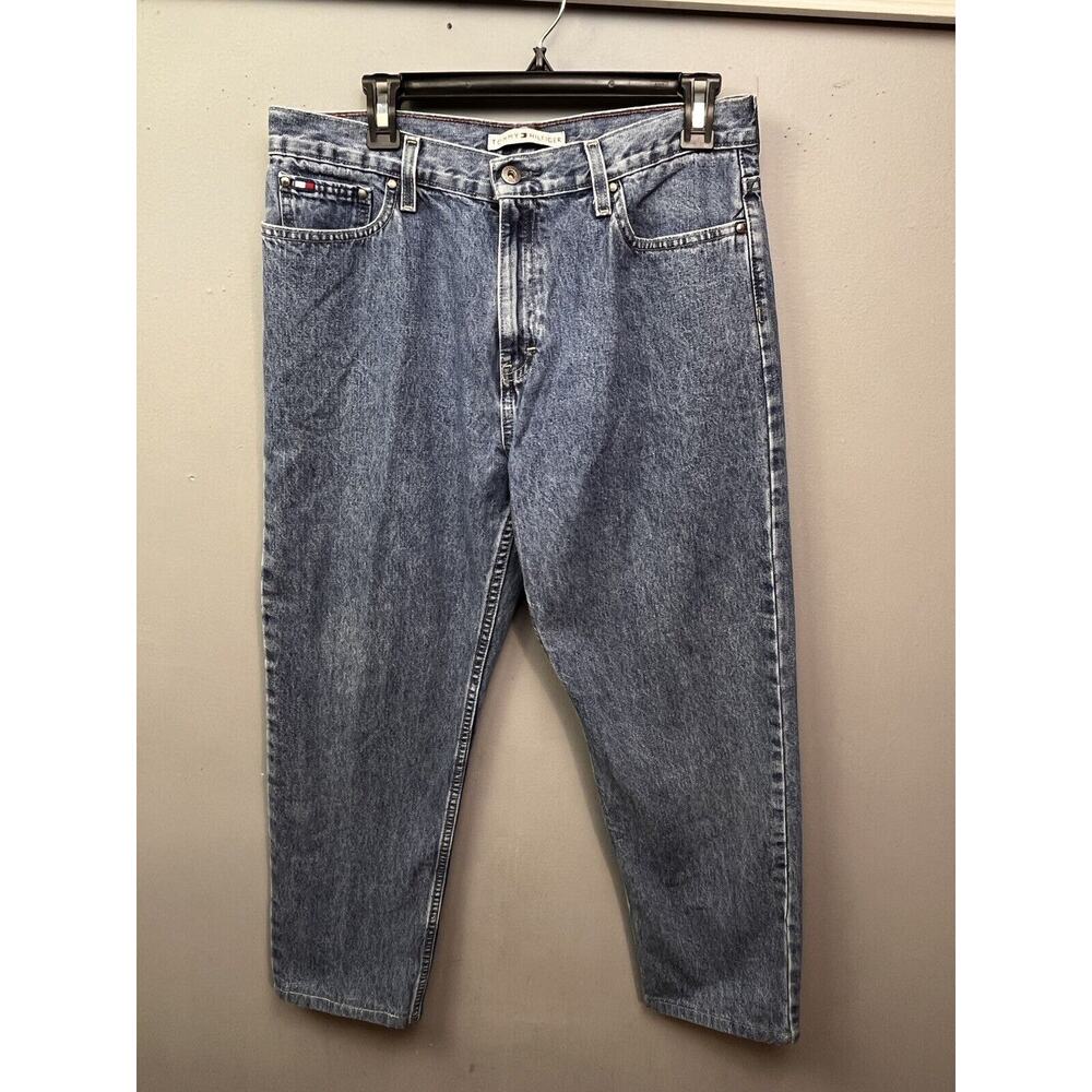 Vintage 90s Tommy Hilfiger Jeans‎ Womens 12 Blue Denim Mom 33x28 Leather Patch